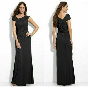 Calvin Klein Sz 4 Long Black Asymmetrical Ruched Slinky Maxi Dress s Formal Gown
